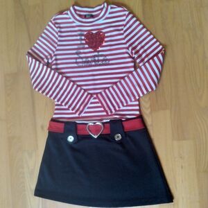 Red and White Striped Christmas Elf I Love Santa Dress Belted with Black Skirt